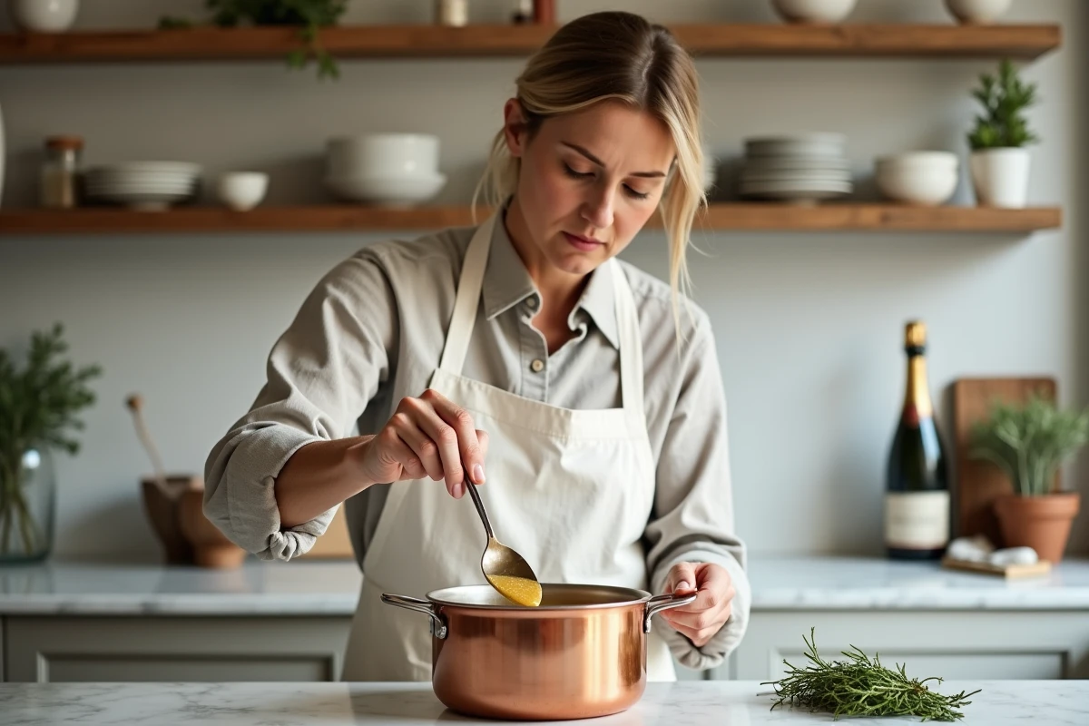 Cheffe cuisinière versant une soupe au champagne dans un bol depuis une casserole en cuivre dans une cuisine française moderne