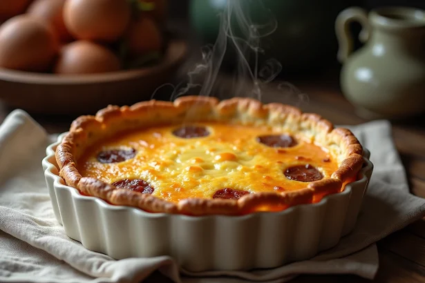 Quiche lorraine dorée sortant d'un four traditionnel, dans un moule en céramique rustique sur un plan de travail en bois
