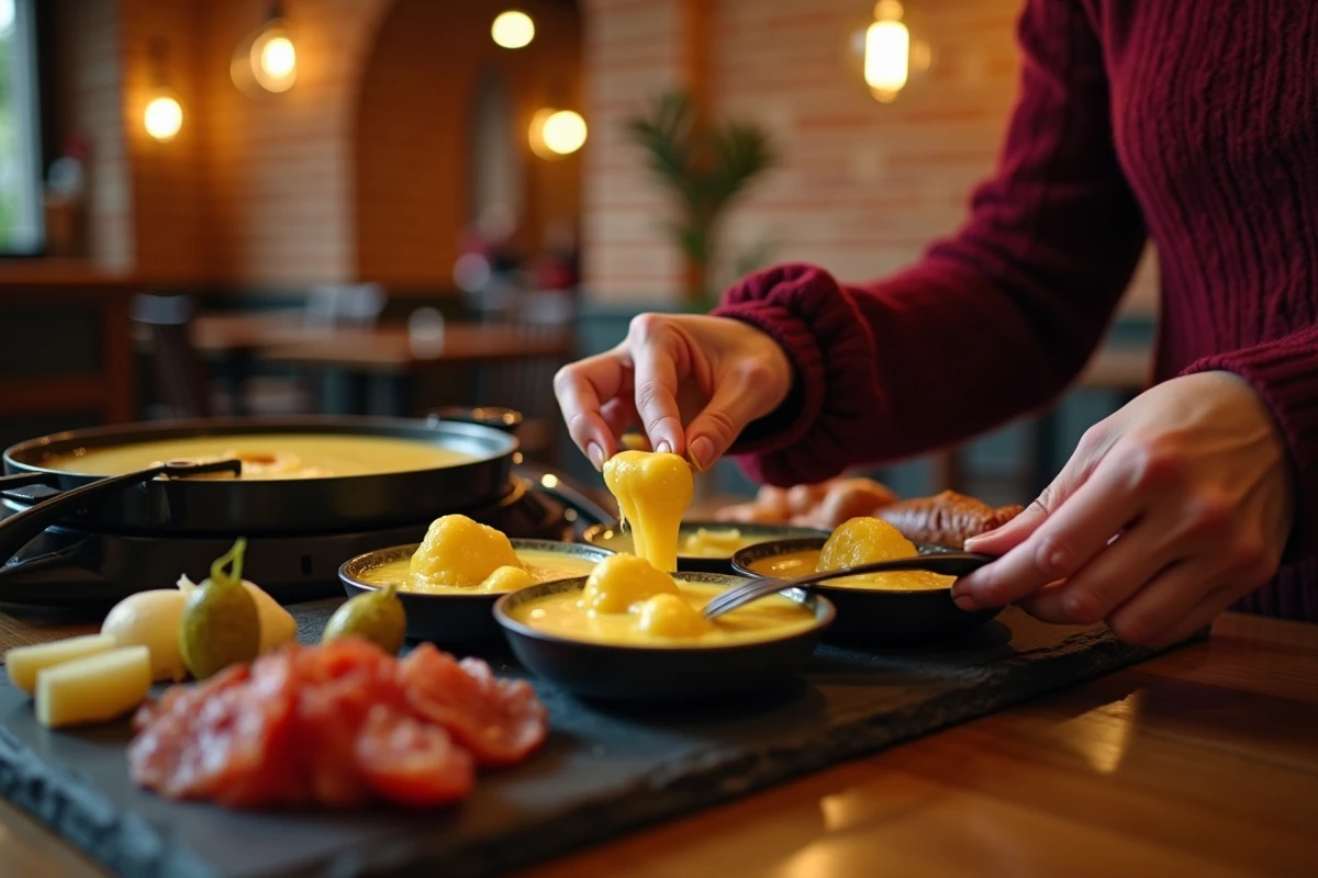 Gros plan sur un appareil à raclette avec fromage fondu doré dans un restaurant toulousain le soir