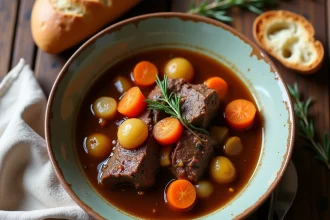 Ragoût d'agneau servi dans un bol en céramique rustique sur une table de bistrot en bois usé, avec carottes, navets et oignons dans une sauce brune parfumée
