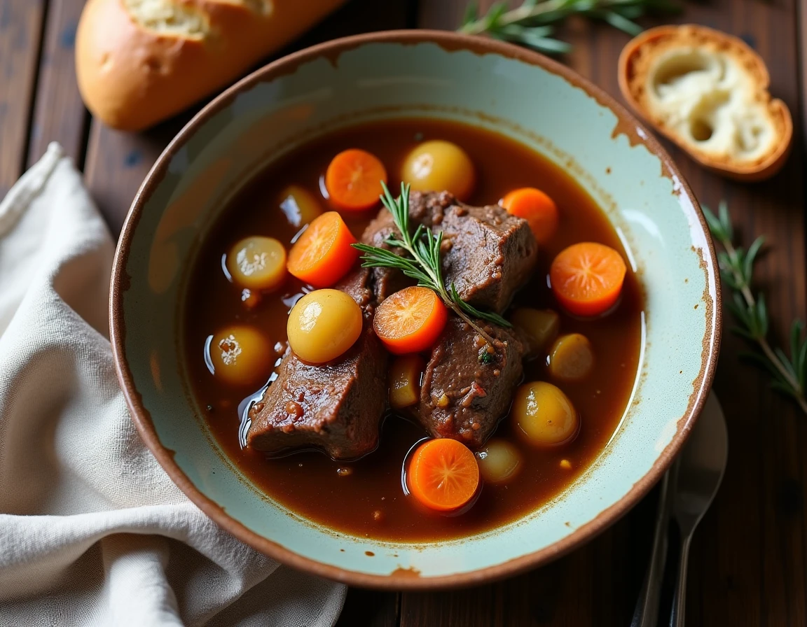 Ragoût d'agneau servi dans un bol en céramique rustique sur une table de bistrot en bois usé, avec carottes, navets et oignons dans une sauce brune parfumée