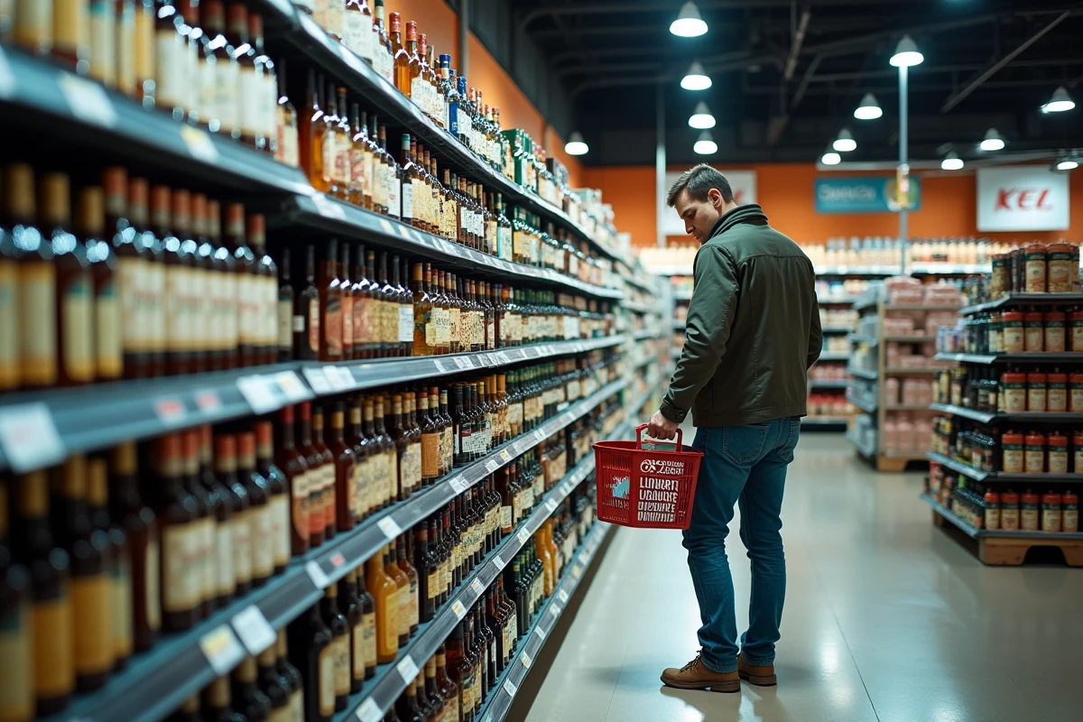Rayon spiritueux d'un supermarché avec bouteilles de crème irlandaise et un client lisant les étiquettes de prix
