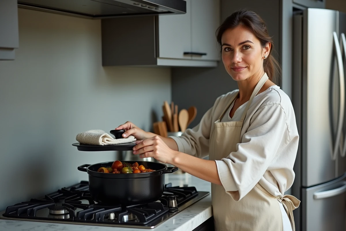 Femme réchauffant une cuisse de canard en cocotte sur gazinière dans une cuisine moderne avec tablier en lin