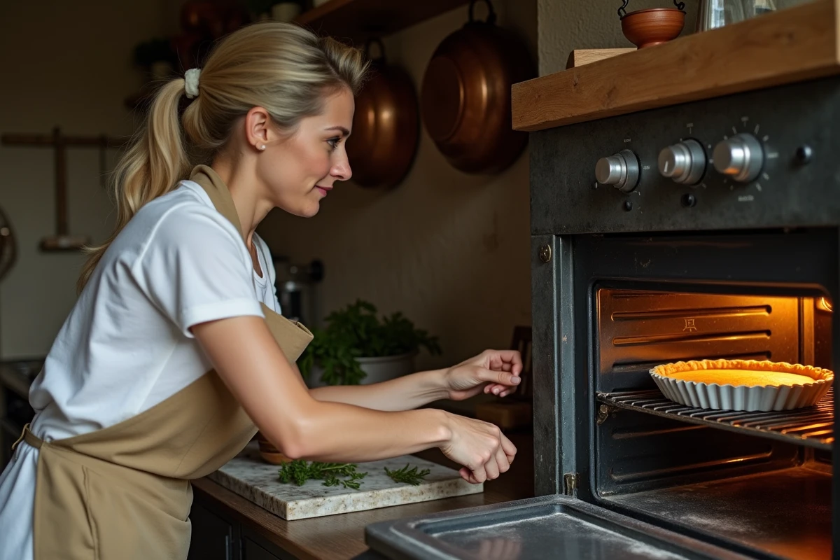 Femme réglant la température d'un four traditionnel pour cuire une quiche lorraine dans une cuisine rustique française
