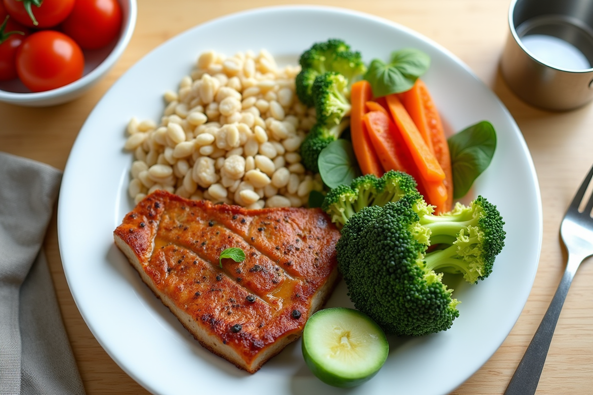 Repas équilibré avec protéines et légumes sur une assiette