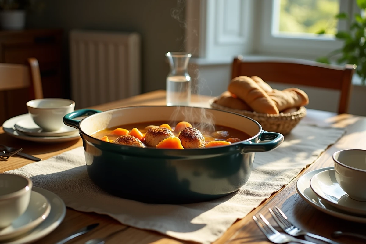 Table familiale du dimanche avec une cocotte en fonte remplie de paupiettes de porc au four et carottes fondantes, ambiance repas convivial