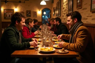 Groupe d'amis dégustant une raclette dans un restaurant chaleureux de Toulouse en soirée