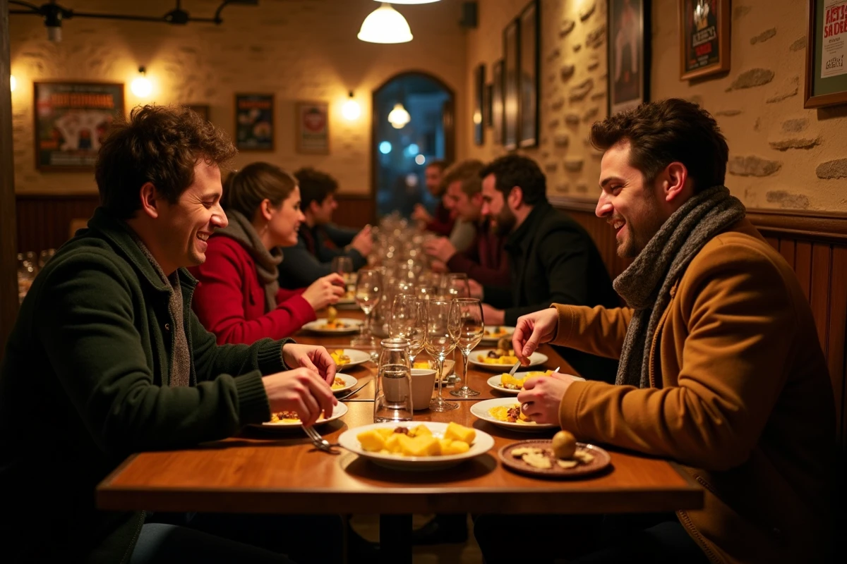Groupe d'amis dégustant une raclette dans un restaurant chaleureux de Toulouse en soirée