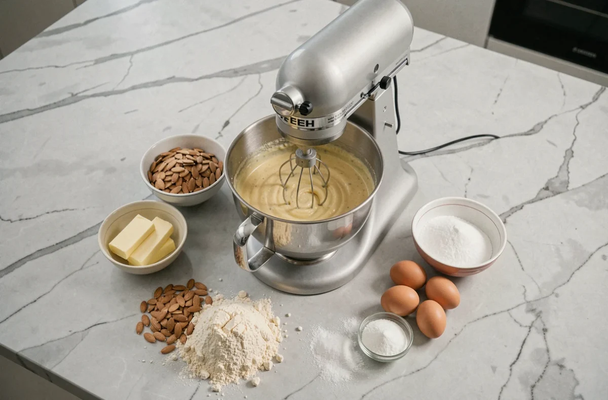 Robot pâtissier en marche avec pâte aux amandes dans le bol, entouré d'ingrédients comme la farine d'amande, les œufs et le beurre sur un plan de travail en marbre gris