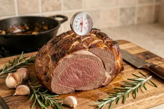 Rôti de bœuf d'1 kg reposant sur une planche en bois avec un thermomètre à viande inséré, entouré de romarin et d'ail, prêt à être découpé