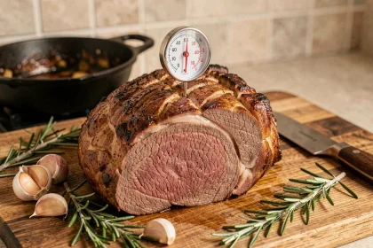 Rôti de bœuf d'1 kg reposant sur une planche en bois avec un thermomètre à viande inséré, entouré de romarin et d'ail, prêt à être découpé