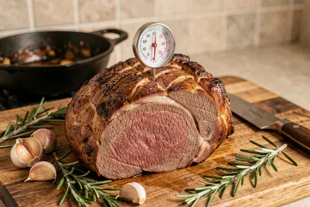 Rôti de bœuf d'1 kg reposant sur une planche en bois avec un thermomètre à viande inséré, entouré de romarin et d'ail, prêt à être découpé