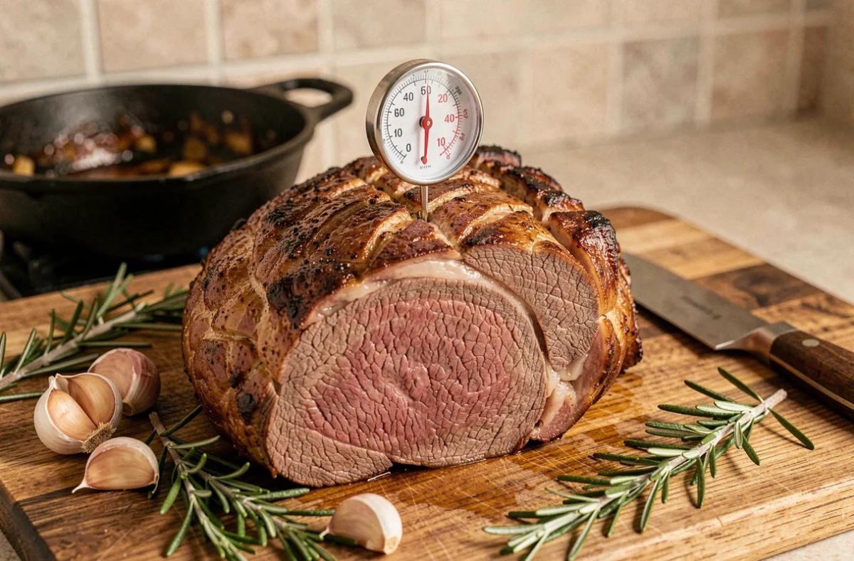 Rôti de bœuf d'1 kg reposant sur une planche en bois avec un thermomètre à viande inséré, entouré de romarin et d'ail, prêt à être découpé