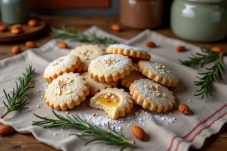 Sablés de Noël amande disposés en flat lay sur une table en bois rustique, décorés de sucre perlé et d'amandes effilées