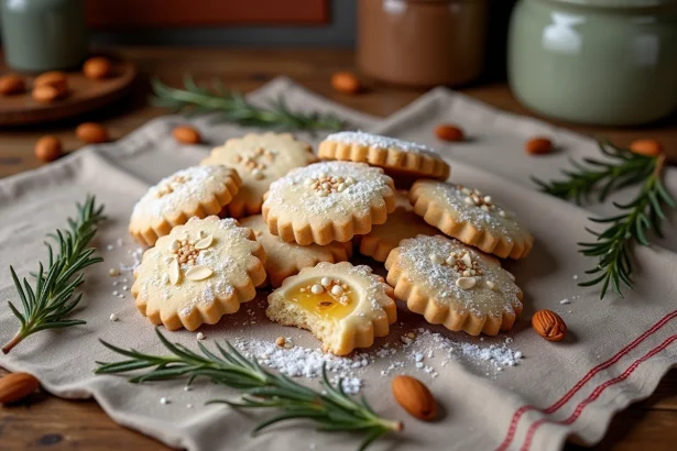 Sablés de Noël amande disposés en flat lay sur une table en bois rustique, décorés de sucre perlé et d'amandes effilées