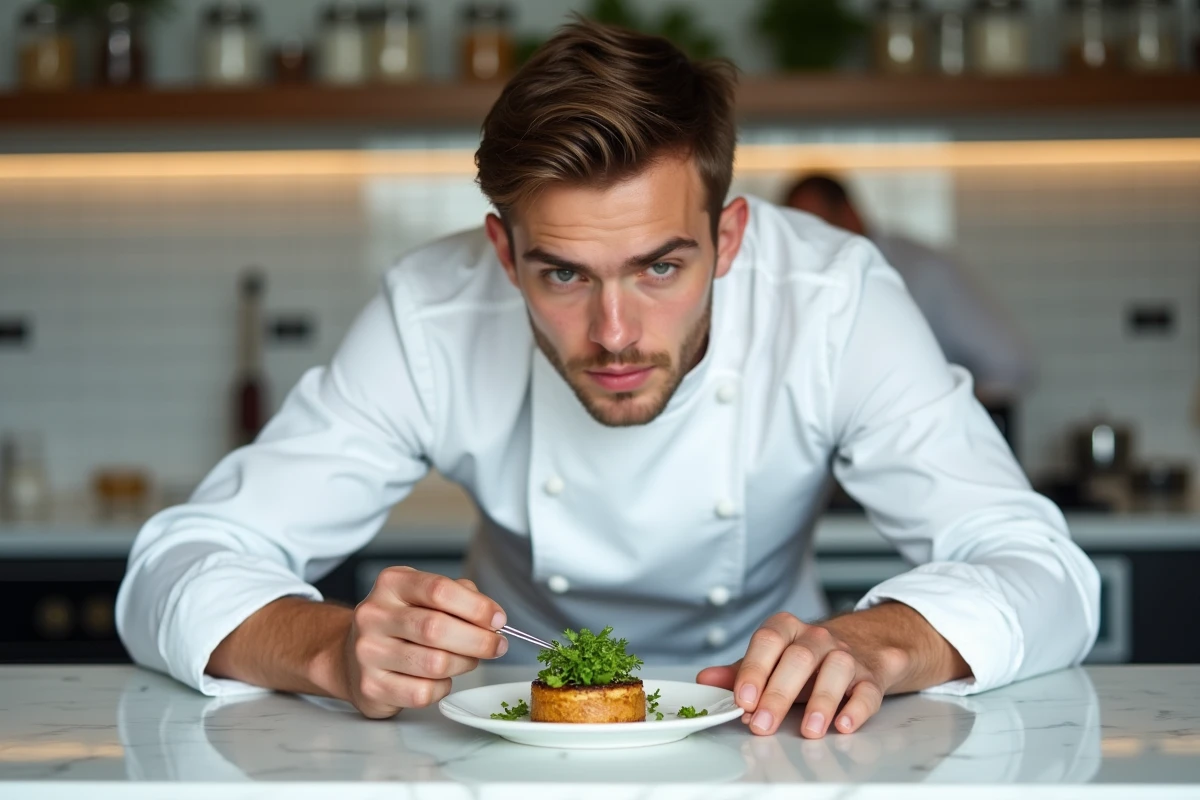Sacha Boyadjian, jeune chef prometteur à suivre en 2026, dressant méticuleusement une assiette dans une cuisine parisienne moderne