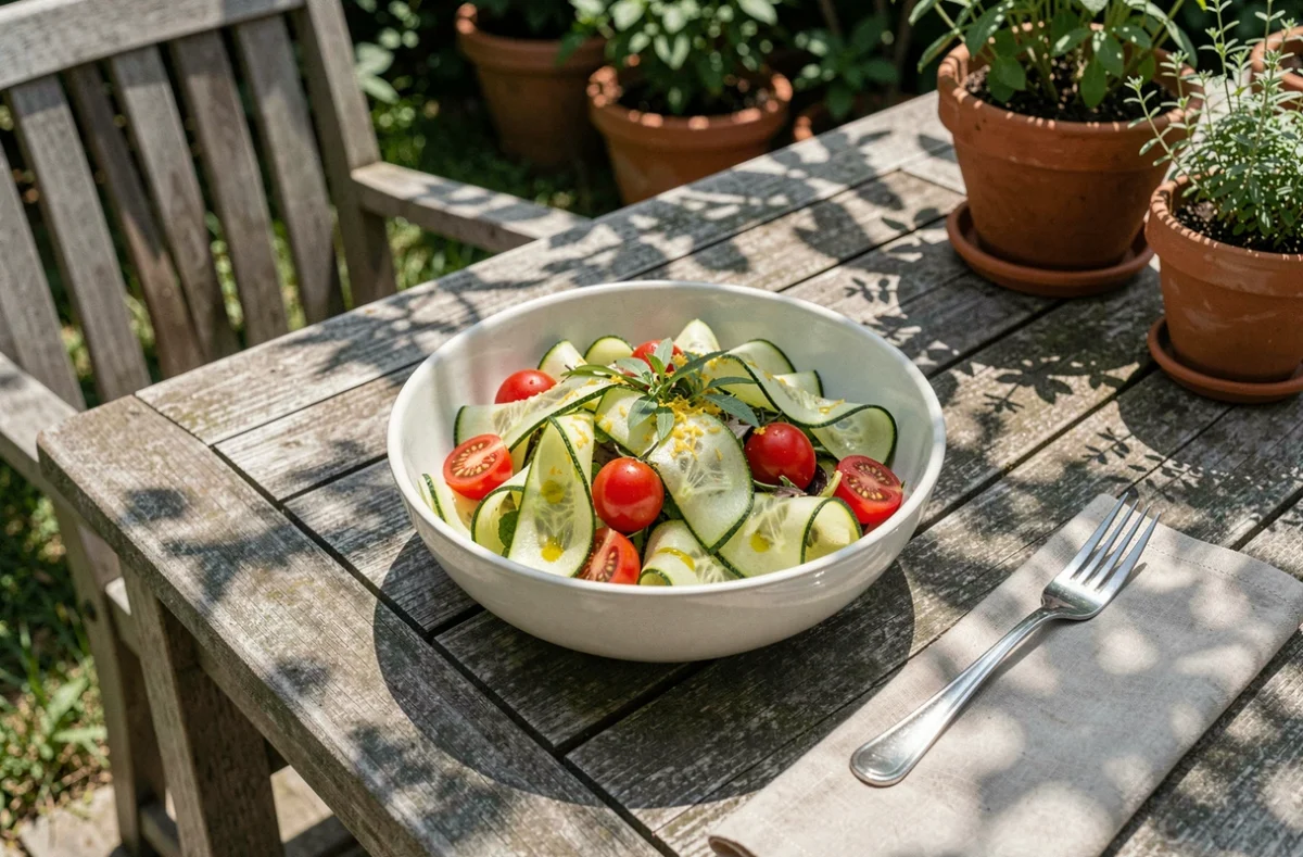 Salade estivale fraîche avec des rubans de concombre et tranches de courgette dans un bol posé en terrasse