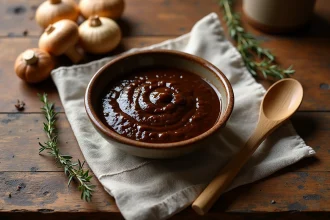 Bol en céramique rustique rempli de sauce aux cèpes maison entouré de champignons frais sur un comptoir de cuisine campagnarde