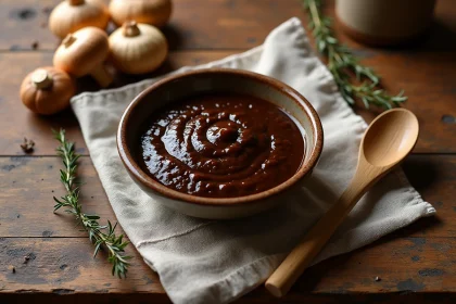 Bol en céramique rustique rempli de sauce aux cèpes maison entouré de champignons frais sur un comptoir de cuisine campagnarde