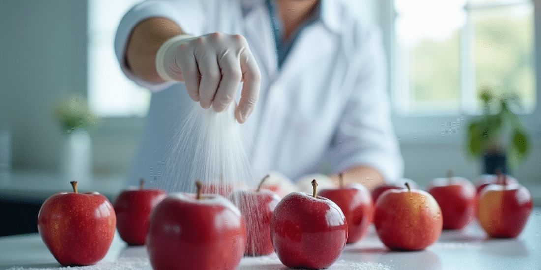 Scientiste appliquant une poudre sur des pommes rouges fraîches