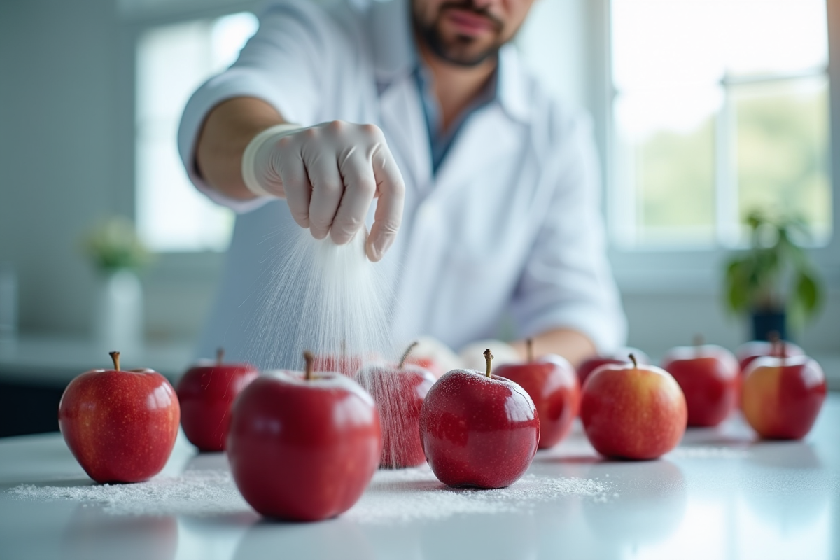 Scientiste appliquant une poudre sur des pommes rouges fraîches