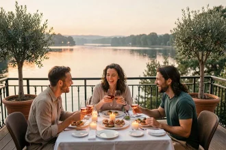 Groupe d'amis profitant d'une soirée en terrasse au bord du lac à Bordeaux Lac, verres de rosé et assiettes à partager sur table en lin blanc