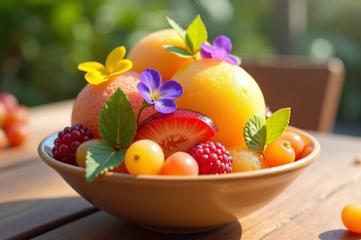 Bol de sorbet aux fruits tropicaux avec baies dorées et fleurs