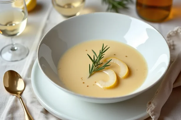 Soupe au champagne servie dans un bol en porcelaine blanche avec des tranches de poire pochée et une flûte de champagne, vue de dessus sur nappe en lin
