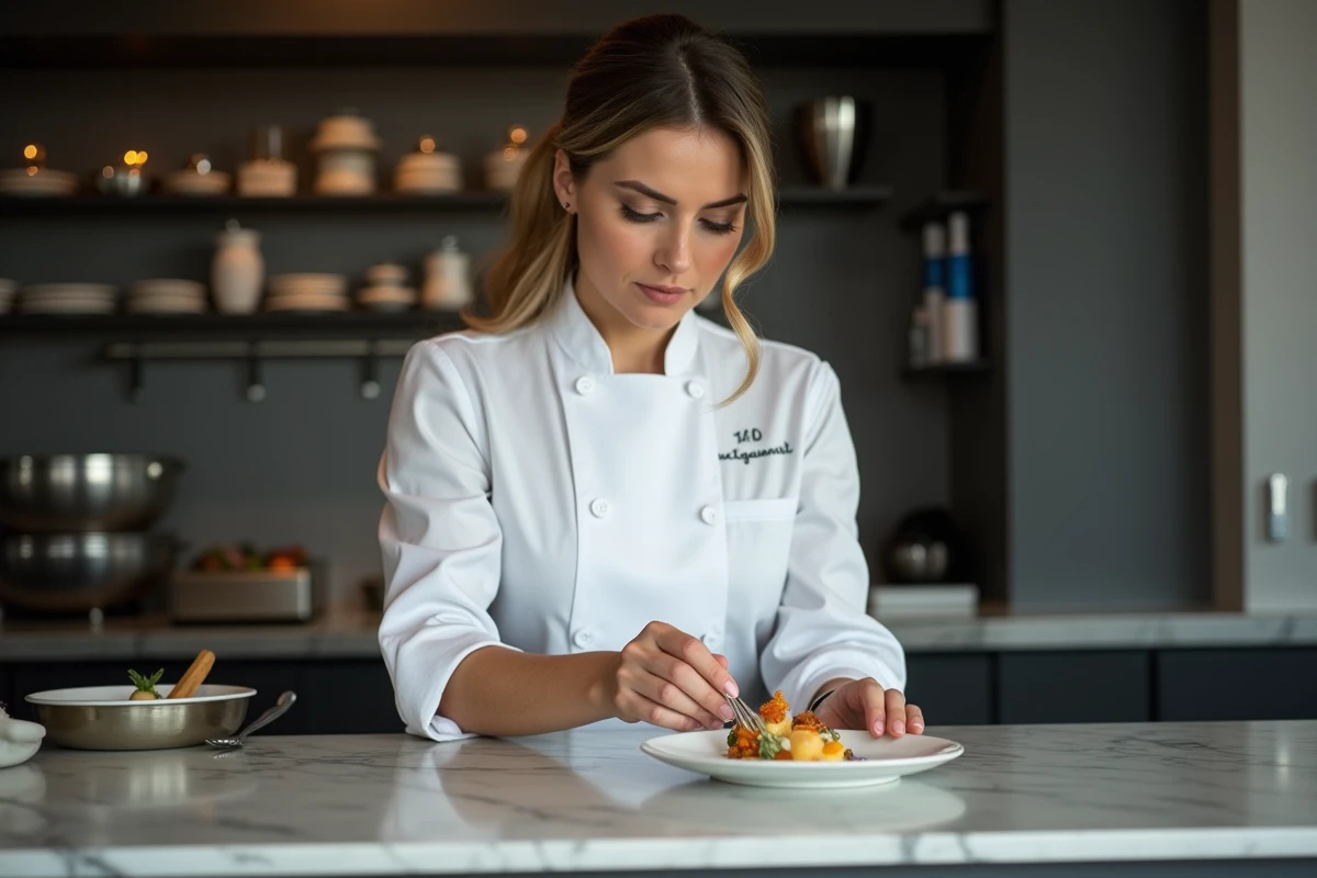 Stéphanie Le Quellec, cheffe du restaurant La Scène à Paris, dressant une assiette gastronomique avec précision