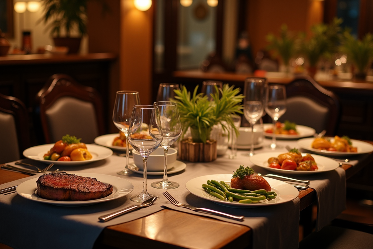 Table élégante avec côte de boeuf et légumes en portion