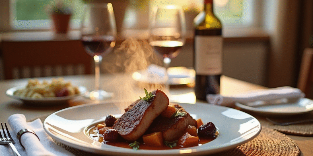 Table élégante avec ragout de lapin et vin rouge