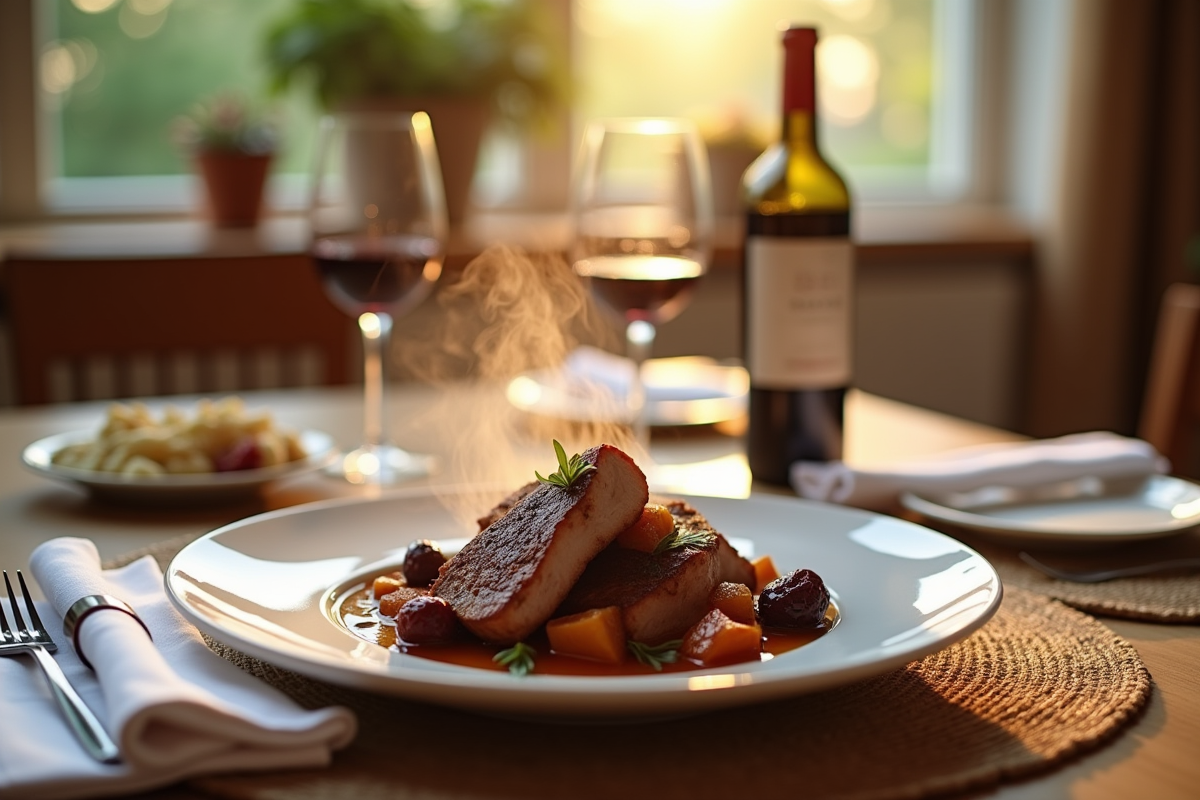 Table élégante avec ragout de lapin et vin rouge