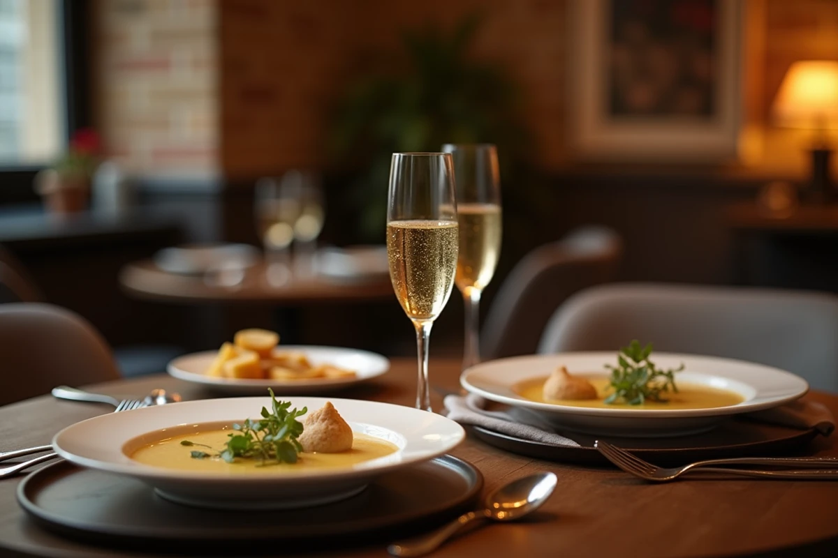 Table de dîner élégante avec deux bols de soupe au champagne aux truffes et flûtes de champagne dans un appartement parisien