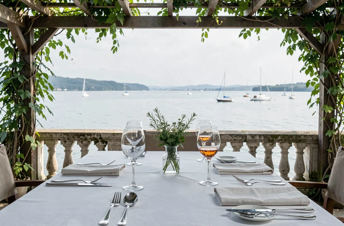 Table dressée en terrasse d'un restaurant avec vue panoramique sur le lac de Bordeaux, art de la table élégant et cadre naturel apaisé