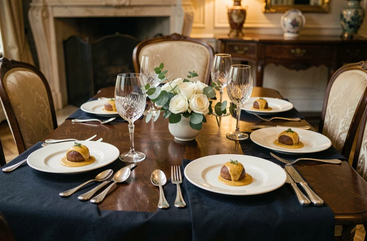Table de dîner élégamment dressée avec des bouchées à la reine sur assiettes blanches, verres en cristal et fleurs blanches