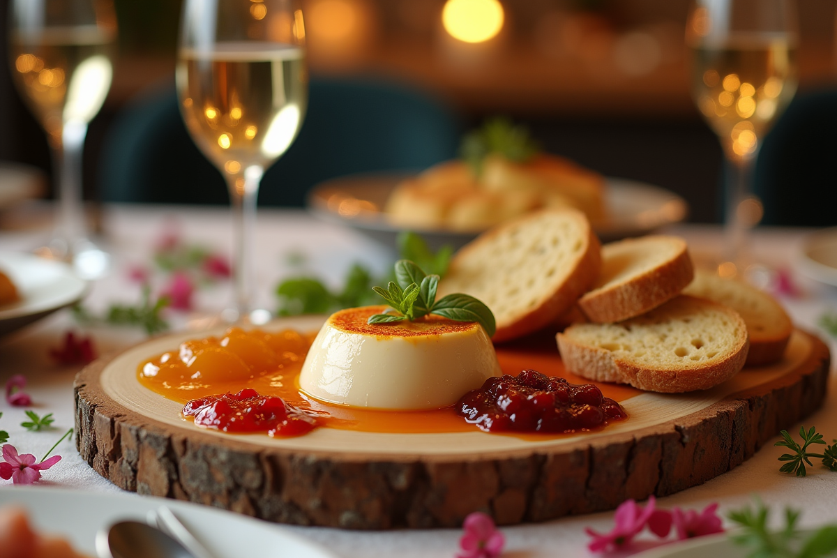 Table festive avec foie gras et chutneys colorés