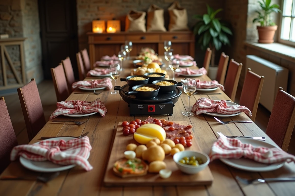 Table dressée pour une raclette conviviale de 10 personnes avec fromage, charcuterie et appareil à raclette au centre