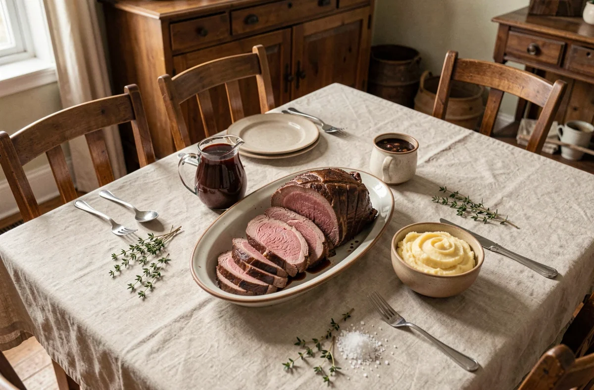 Table de repas dominical avec un rôti de bœuf tranché sur un plat en céramique, accompagné d'un pichet de jus de viande et d'une purée de pommes de terre sur nappe en lin