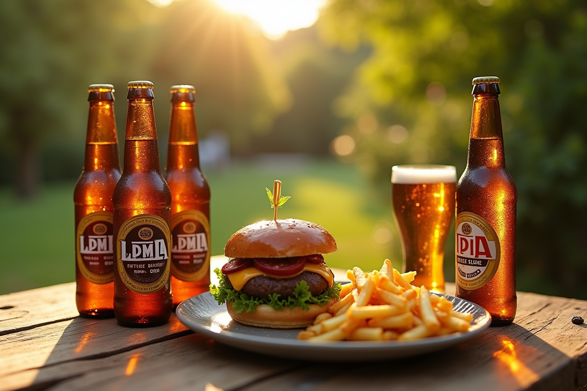 Table en bois avec bières IPA et burger en plein air