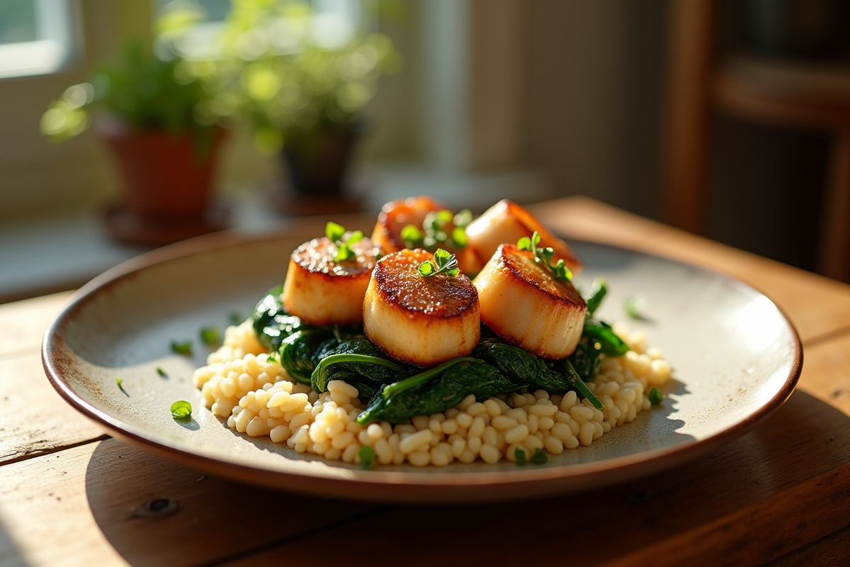 Table en bois rustique avec coquilles seichees et risotto