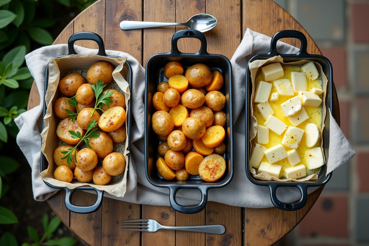 Pommes de terre cuites sur une table en plein air avec différentes préparations
