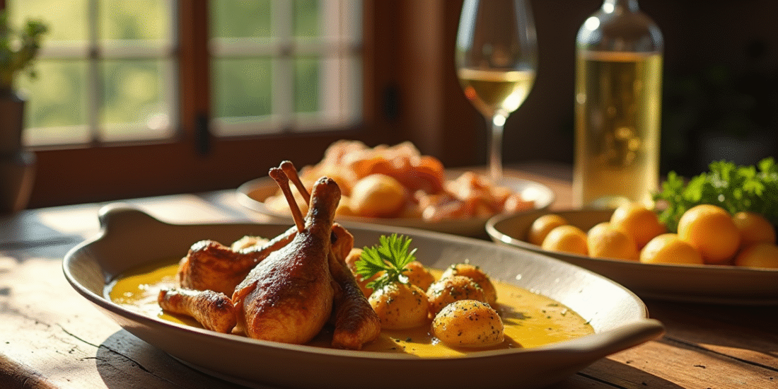 Table rustique avec repas familial et lapin en sauce