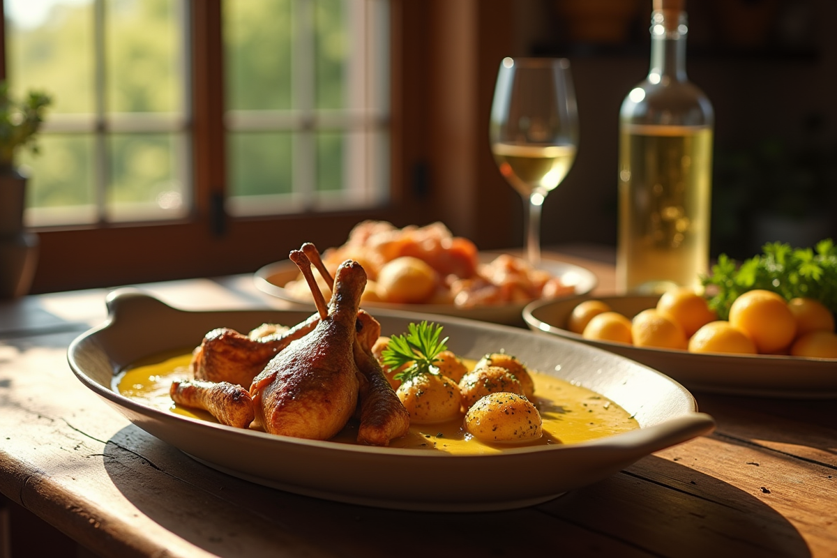 Table rustique avec repas familial et lapin en sauce