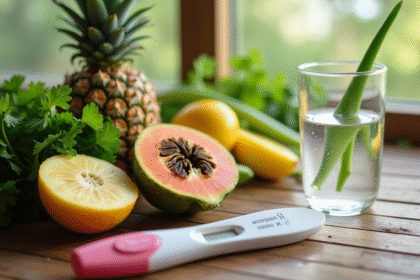 Table en bois avec fruits frais et test de grossesse