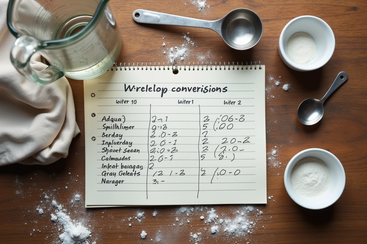 Vue de dessus d'outils de mesure culinaires incluant un verre doseur en millilitres et un tableau de conversion gramme-litre manuscrit