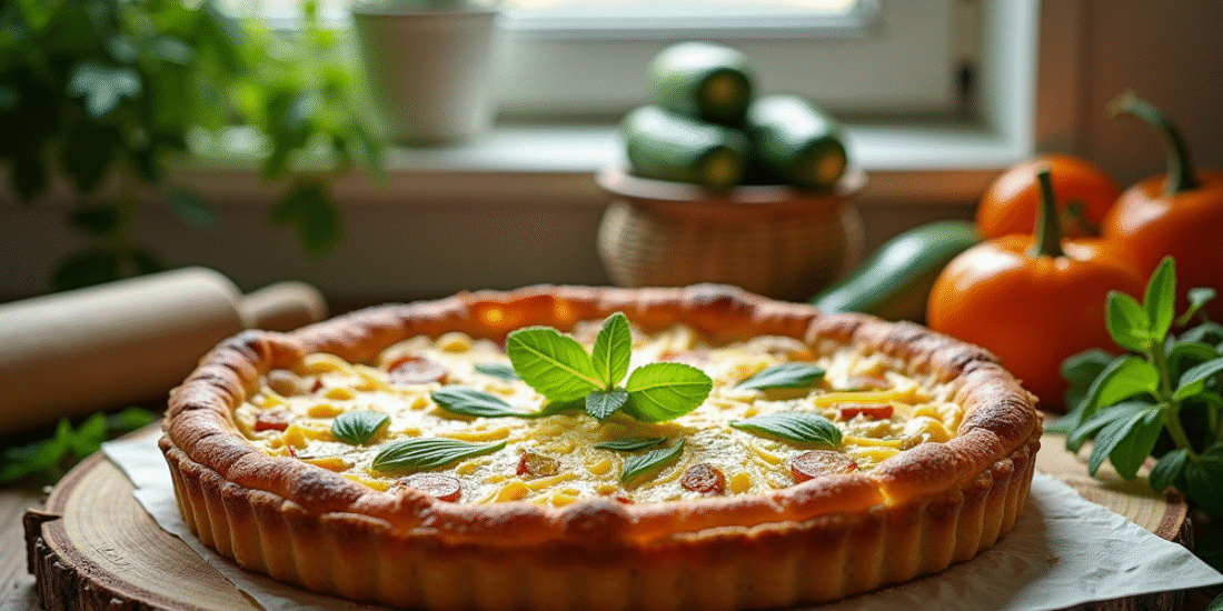 Tarte aux courgettes fraîche sortie du four sur une table en bois