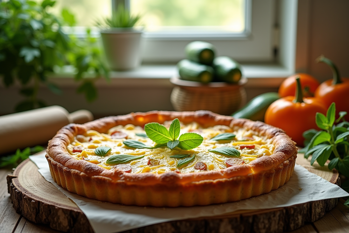 Tarte aux courgettes fraîche sortie du four sur une table en bois