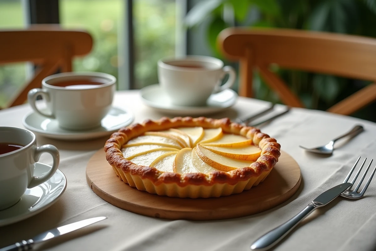 Gros plan d une tarte aux poires sur une table en lin
