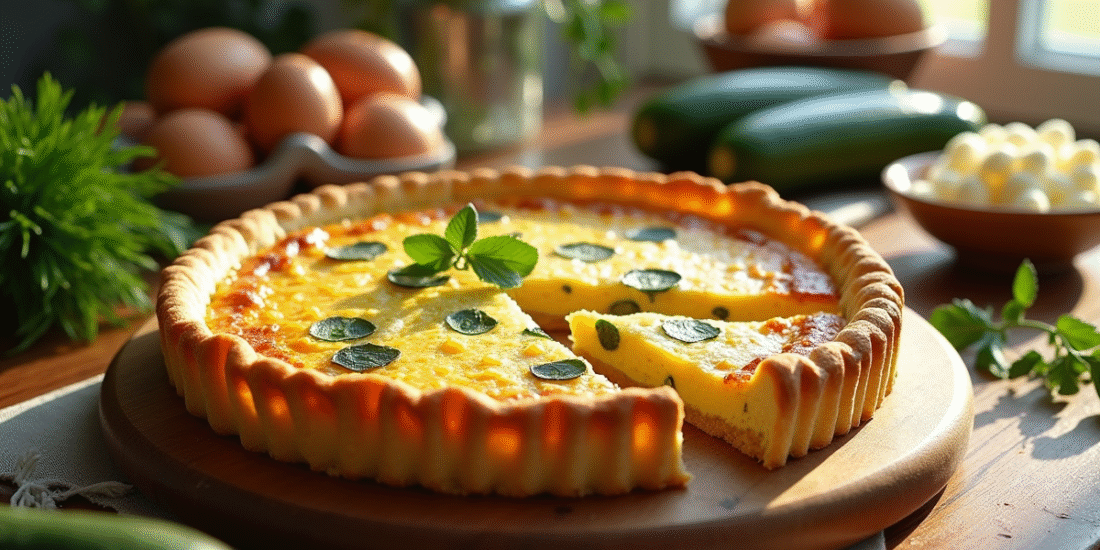 Tarte zucchini dorée tranchée sur planche en bois avec ingrédients frais