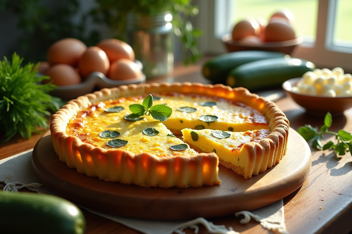 Tarte zucchini dorée tranchée sur planche en bois avec ingrédients frais
